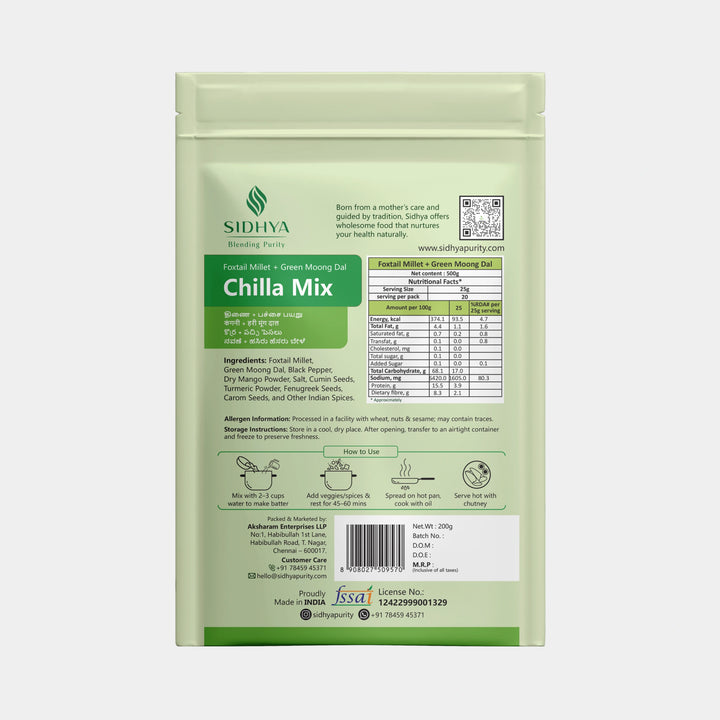 Sidhya Foxtail Millet Green Moong Dal Chilla Mix