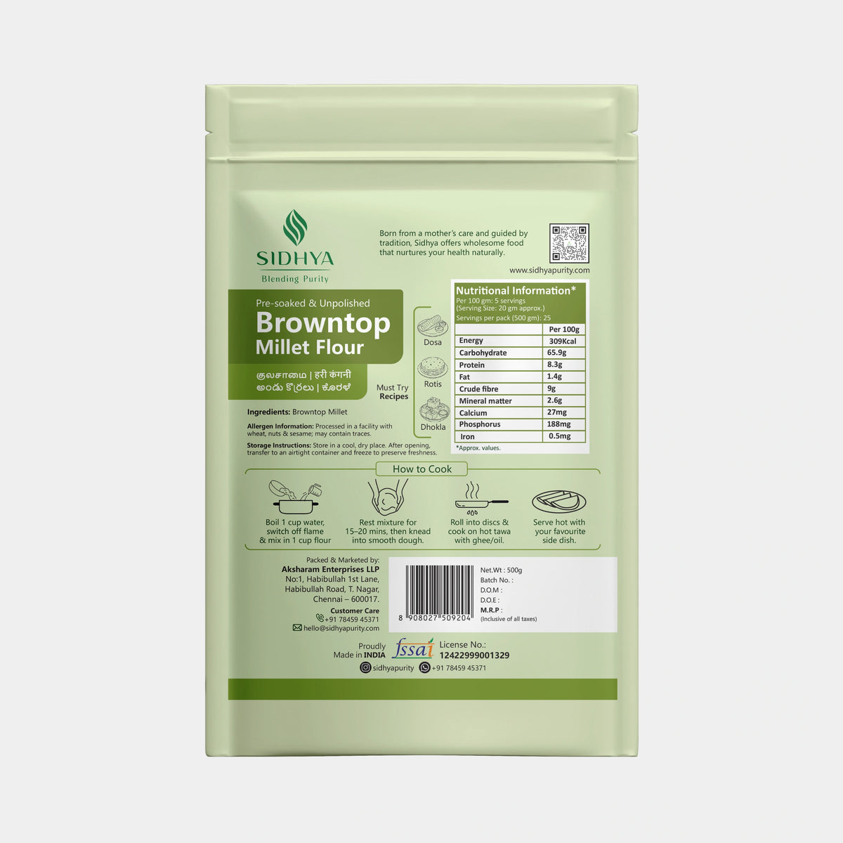 Gluten-free, high-fiber browntop millet flour for rotis