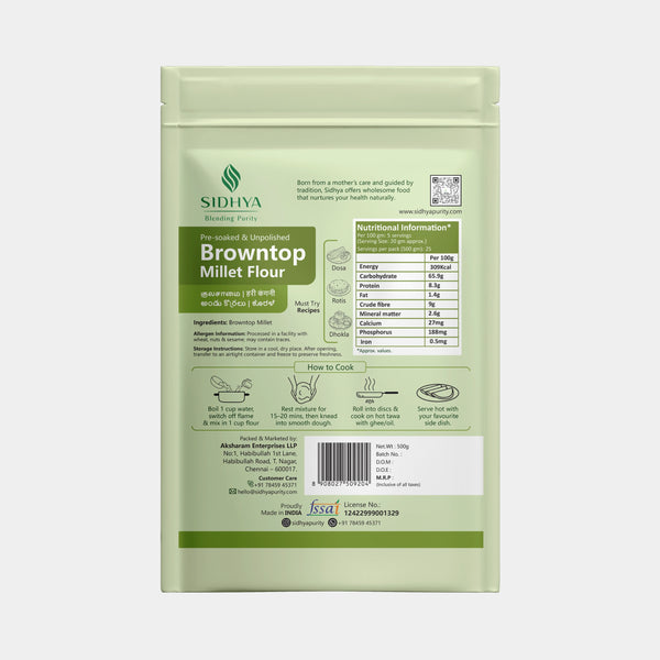 Gluten-free, high-fiber browntop millet flour for rotis