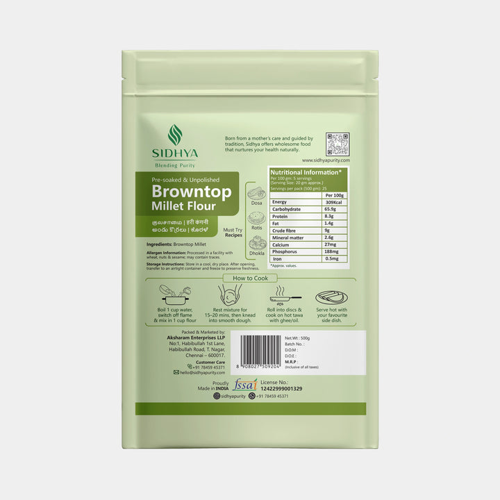 Gluten-free, high-fiber browntop millet flour for rotis