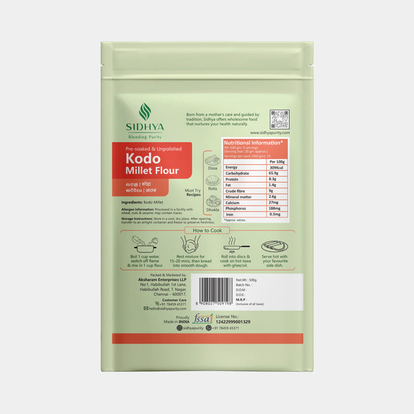 Gluten-free, high-fiber kodo millet flour for healthy rotis