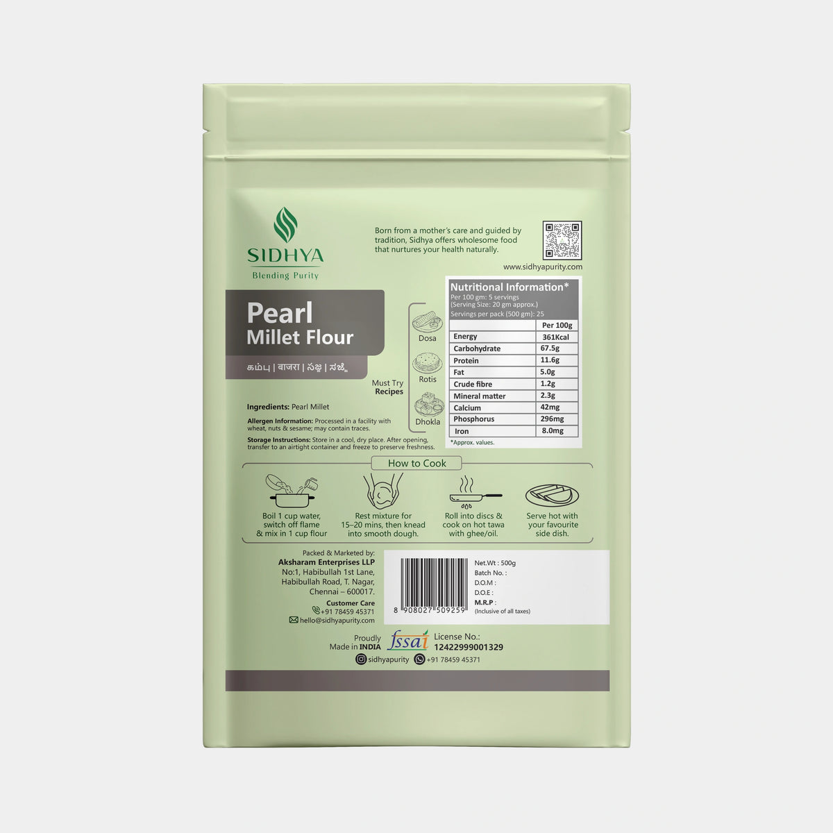 High-fiber gluten-free pearl millet flour for healthy rotis