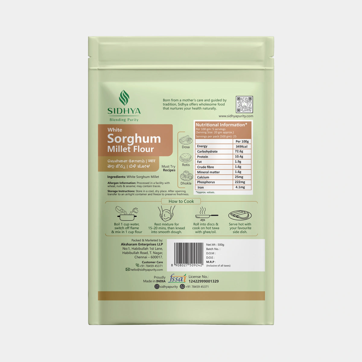 Gluten-free high-fiber white sorghum millet flour for rotis